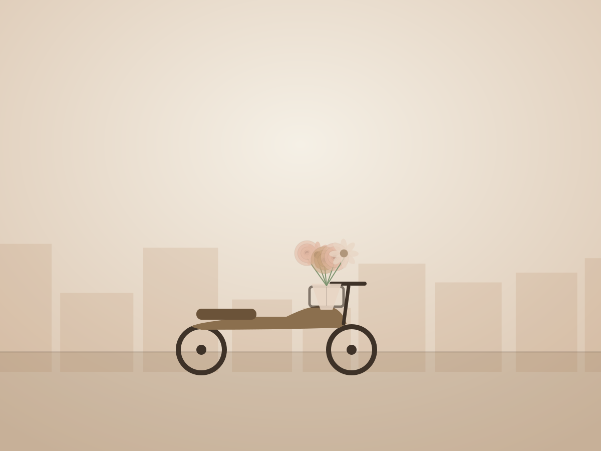 A wrapped bouquet carried in the front basket of a delivery scooter